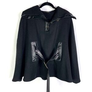 Mackage Poncho Wool Blend‎ Black Leather Trim Belted Cape Collared Sz XS Women's